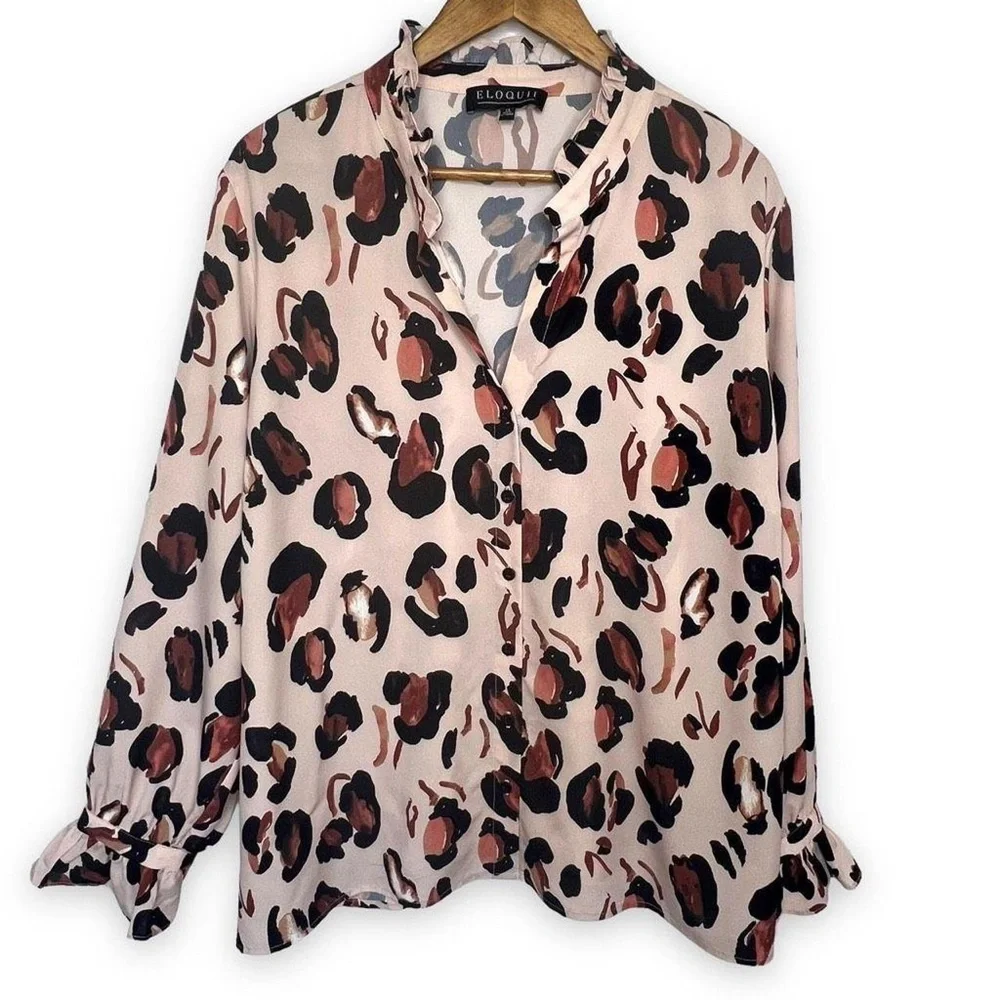 ELOQUII Women's Plus Size Button Down Shirt With Ruffle Neck sz 18 Panthera - Picture 3 of 5